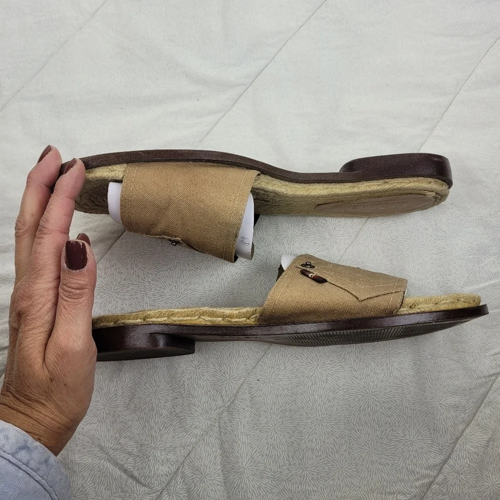 Liz Flex Espadrille Slide Sandals tan canvas uppers pocket detail boho funky 9.5